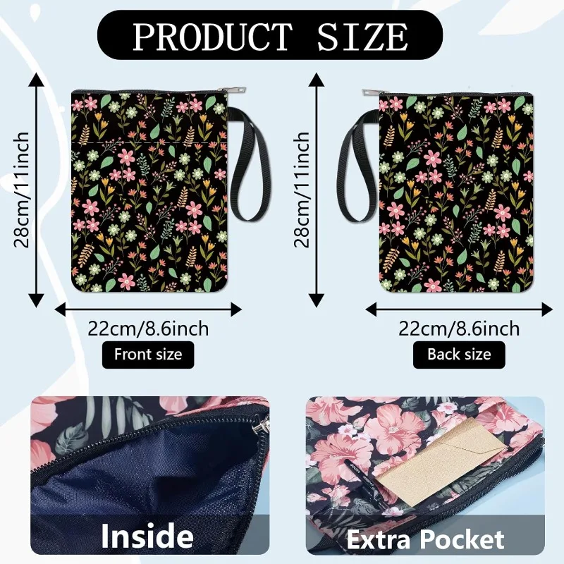 1 pc Book Sleeve with Zipper Flower Books Pouch Watercolor Flower Leaf Waterproof Protector for Paperback Fabric