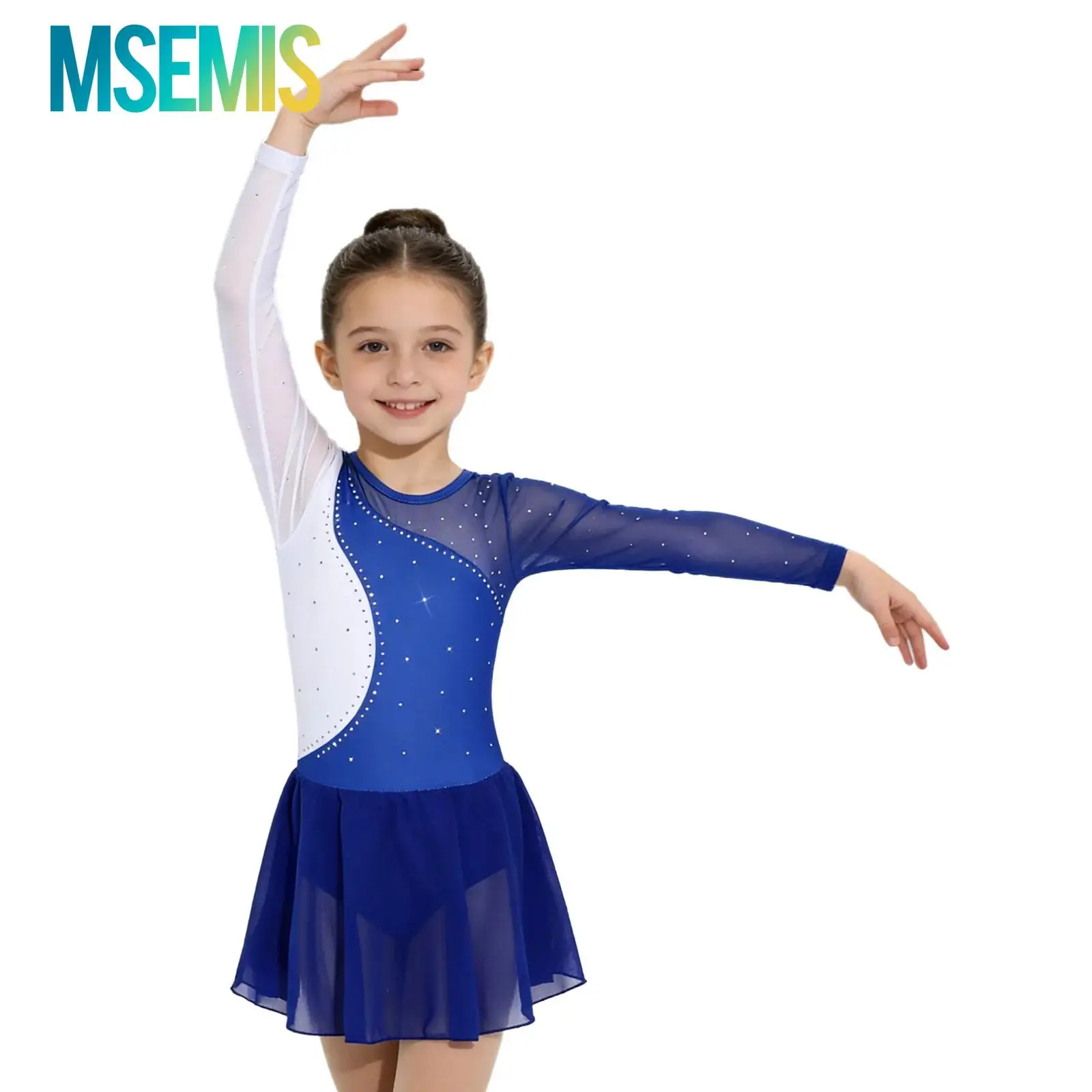 

Kids Girls Sparkly Rhinestone Gymnastics Leotards Figure Skating Ballet Lyrical Dance Performance Costume Long-sleeve Mesh Dress