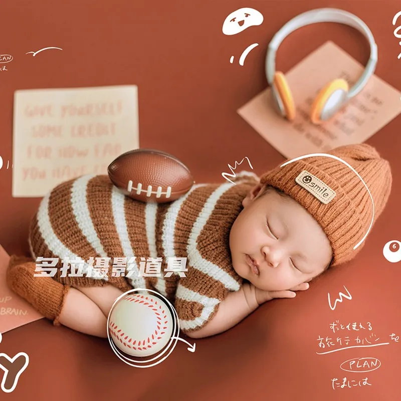 ❤️Newborn Photography Clothing Hat+Jumpsuit+socks+Necklace+Headset+Baseball+Rugby+Card Baby Boy Photo Props Accessories Outfits