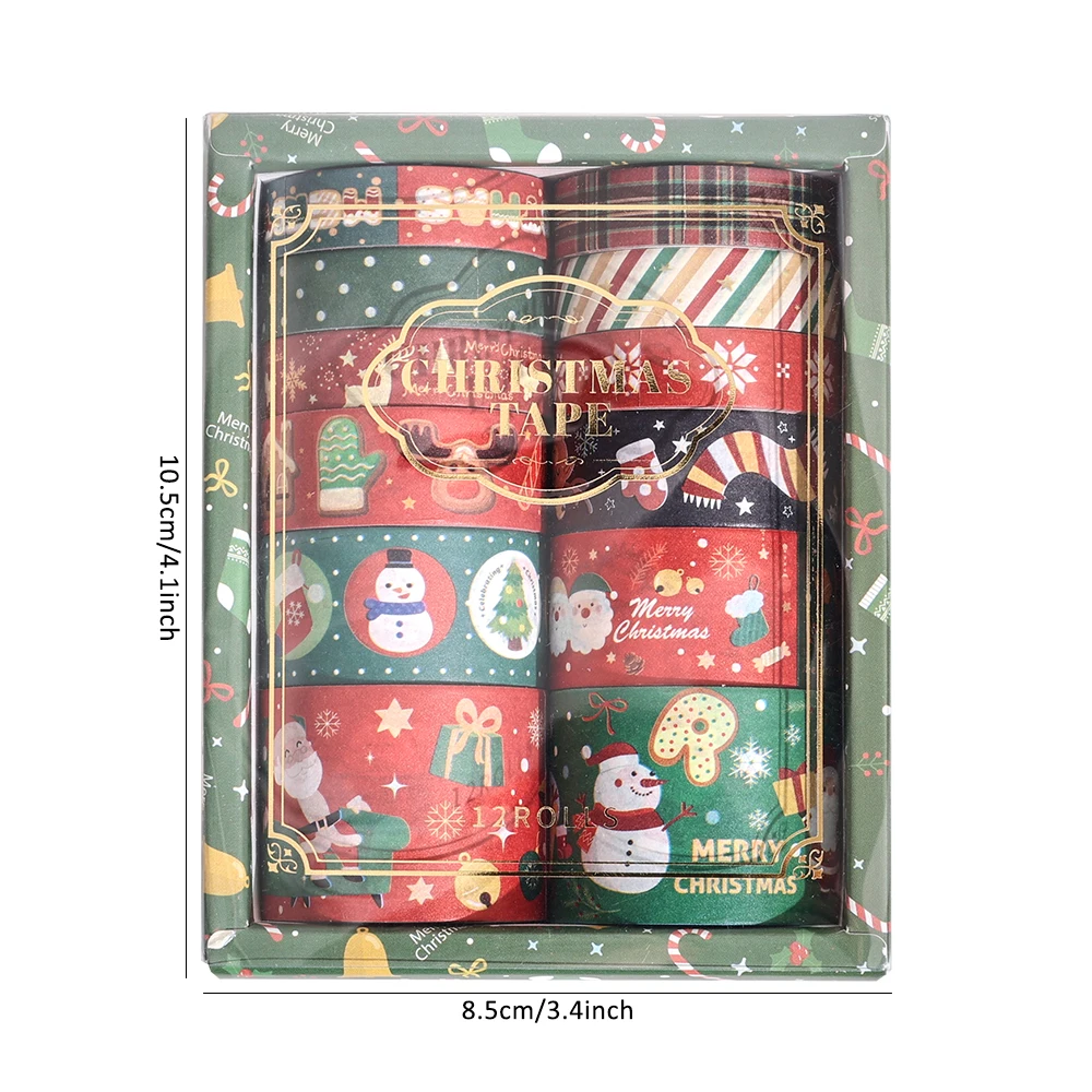 12 롤 빈티지 크리스마스 와시 테이프 세트, DIY 공예품 선물 포장용 4가지 크기 불렛 저널 스크랩북 플래너 장식