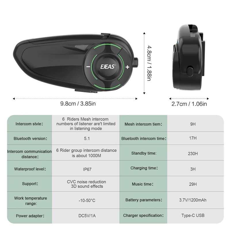 Ejeas q8 malha interfone capacete da motocicleta bluetooth interfone bt5.1 para 6 pilotos 1000m suporte falando compartilhamento de música fm ip67