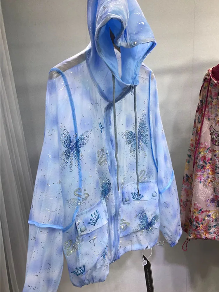 Women Spring Summer Hooded Loose Long Sleeve Blouses Casual Sun-proof Shirt Shiny Butterfly Hot Drilling Cardigan Coat