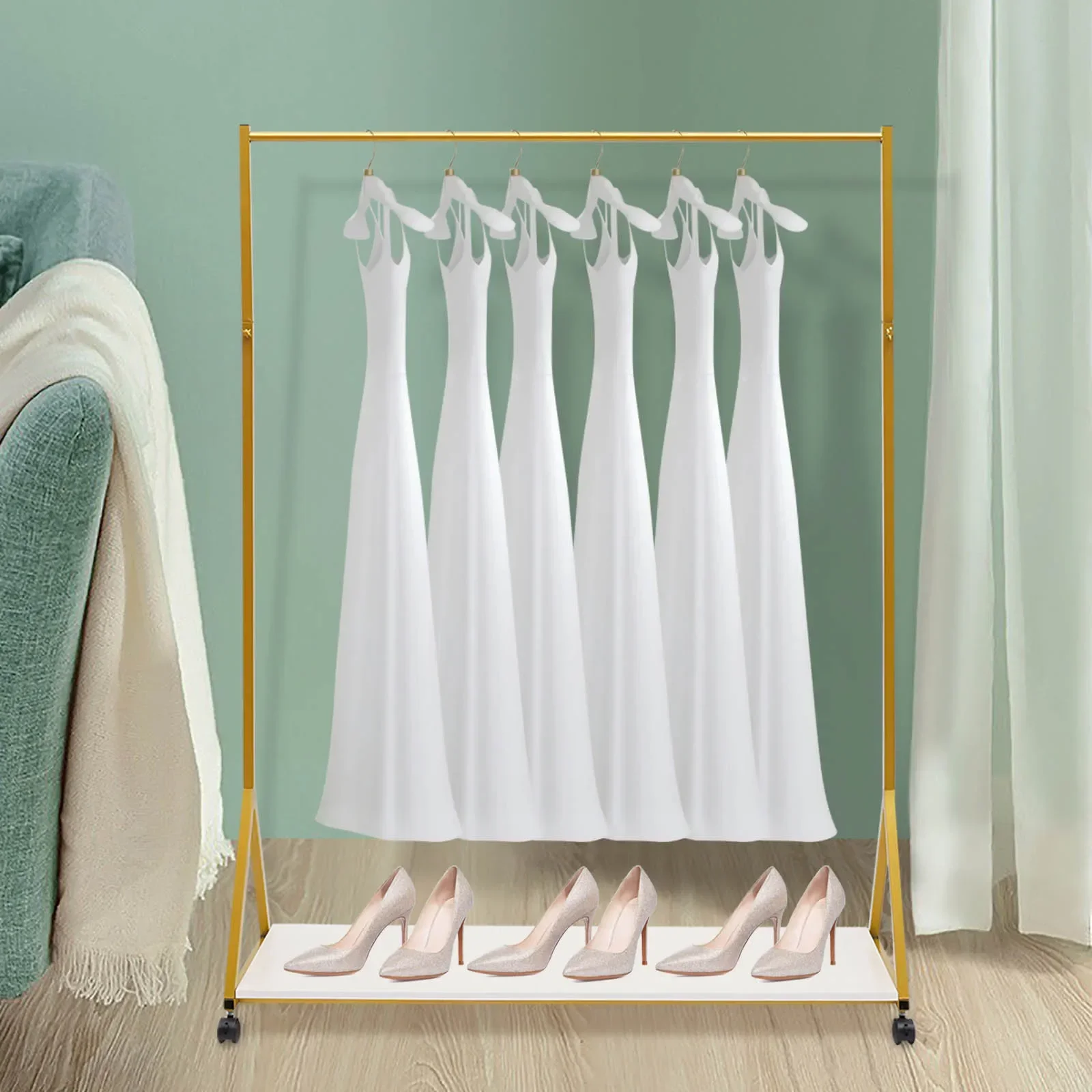&Iron Clothing Rack With Shelves and Universal Wheel Wedding Dress Bridal Garment Rack Stand