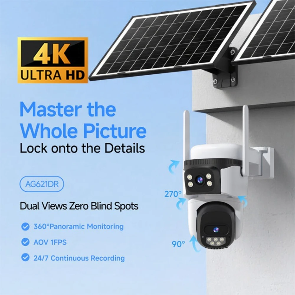 4G Solar Dual-Lens Security Camera 4K 8MP Wireless PTZ Outdoor IP Cam with Remote Video Surveillance Smart Protection Monitoring