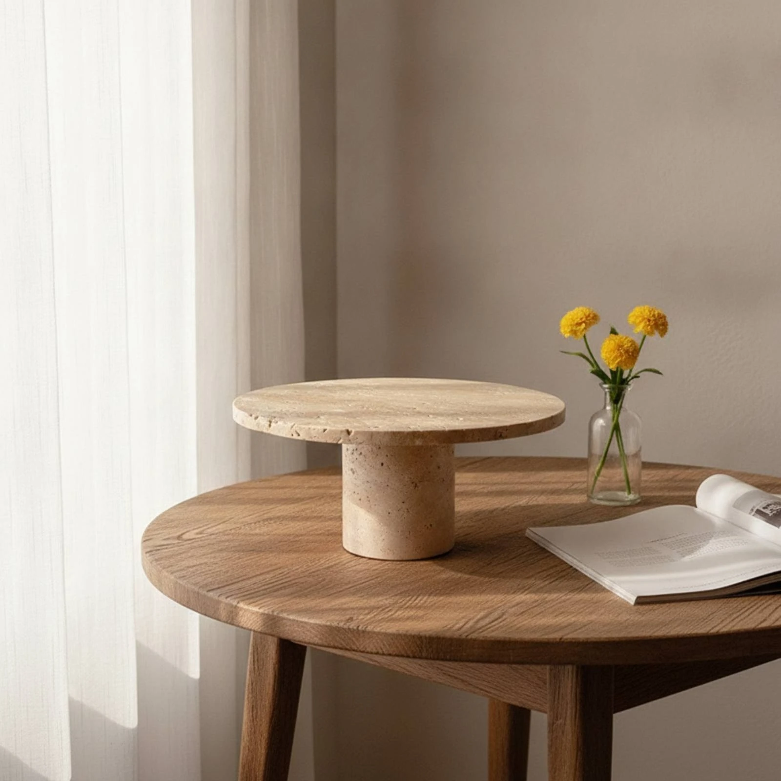 Travertine Pedestal Tray Speckled Travertine Display Tray Stone Pedestal Stand Decorative Round Display Platter Wabi-Sabi