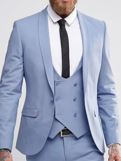 

Sky Blue Smart Casual Men Suit Double Breasted Blazer Sets Custom Slim Fit 3 Piece Groom Tuxedo Terno Masculino Costume Homme