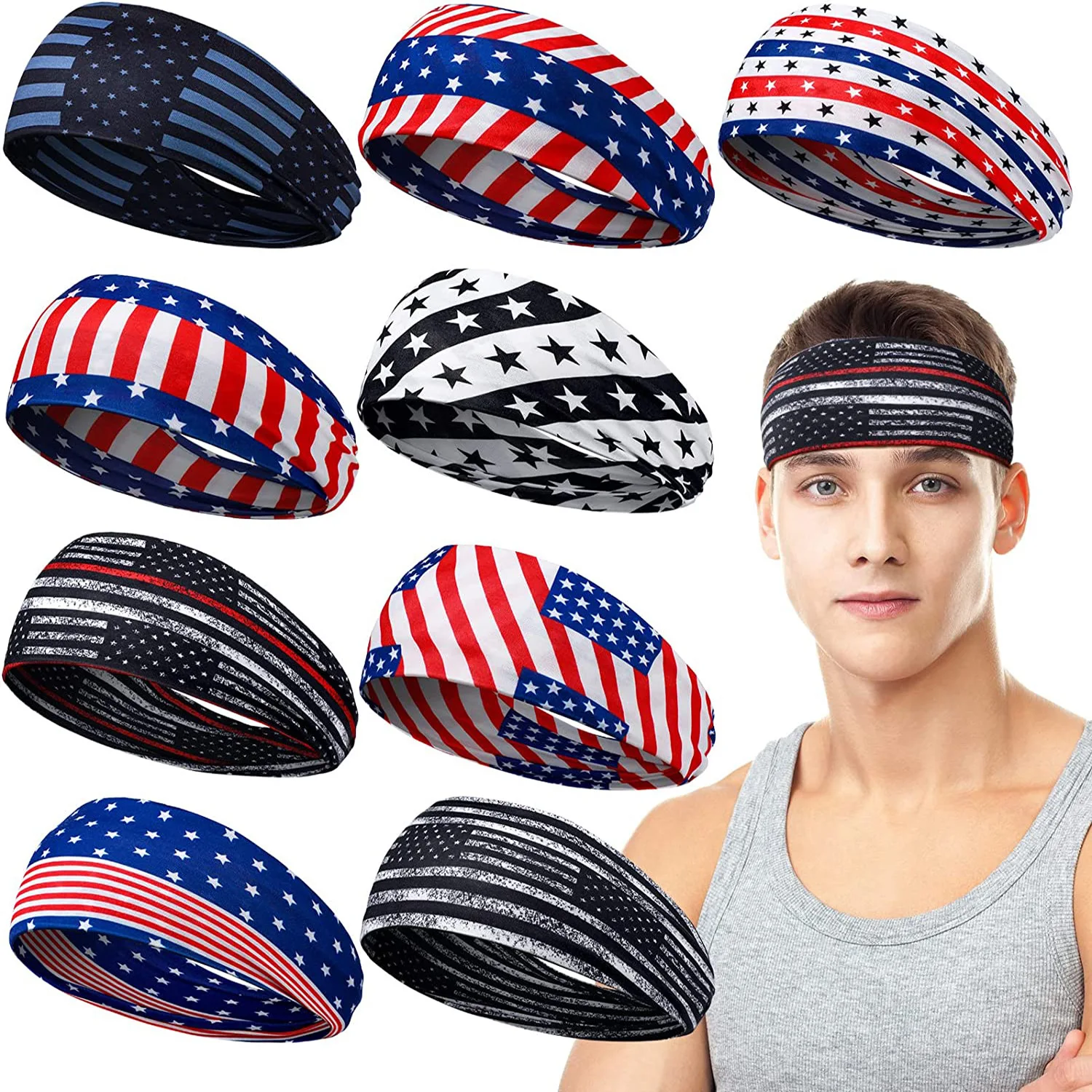 Unisex US Flag Independence Day Star Headband Sweat Wicking for Yoga Running Fitness Outdoor Sport Athleisure Gear