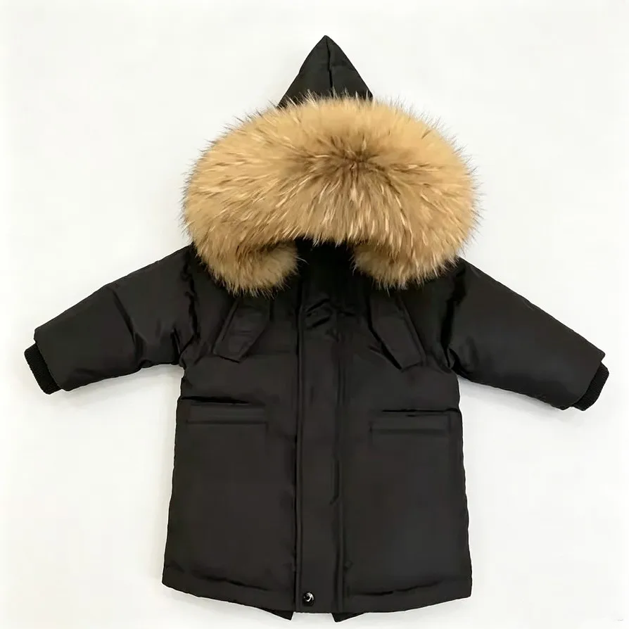 Boys Winter Down Jacket Big Faux Fur Hood Parka Kids Mid‑Long Warm Thick Windproof Coat Children Snow Outerwear For Boys A4846