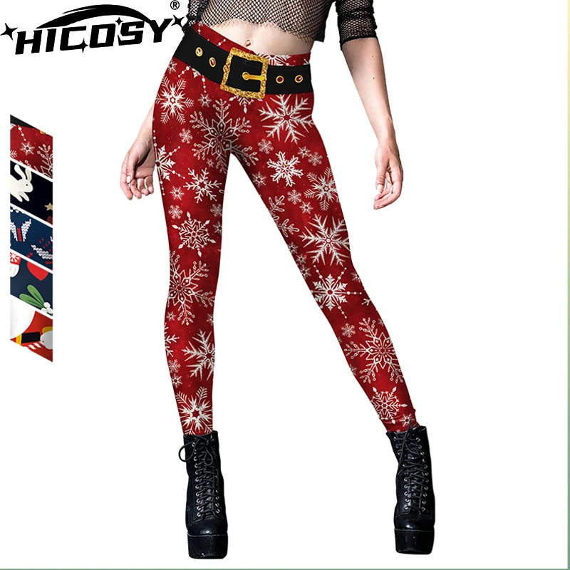 2023 Hot Women Candy Print Leggings Merry Christmas Snowflakes Pants Mid Waist Elastic Trousers Girl Sexy Tights Fitness Workout