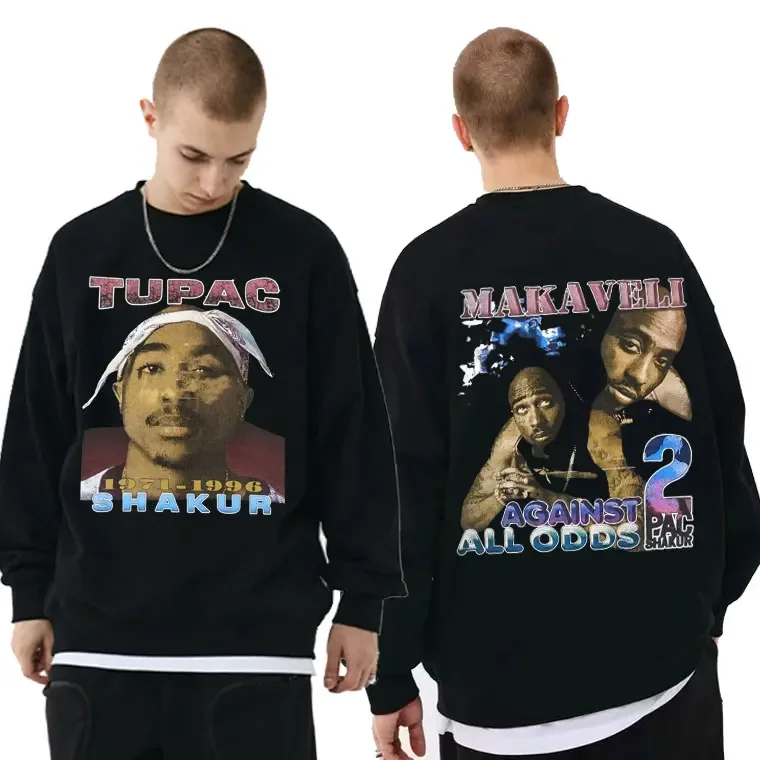 Tupac 2Pac Shakur Makaveli Against All Odds Print Sweatshirt Mens Oversized Black Sweatshirts Men Women Fashion Hip Hop Pullover