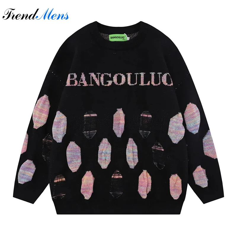 

Men Contrast Jacquard Pullover Hooked Flower Perforated High Street Round Neck Sweater Comfortable Loose Long Sleeve Couple Knit