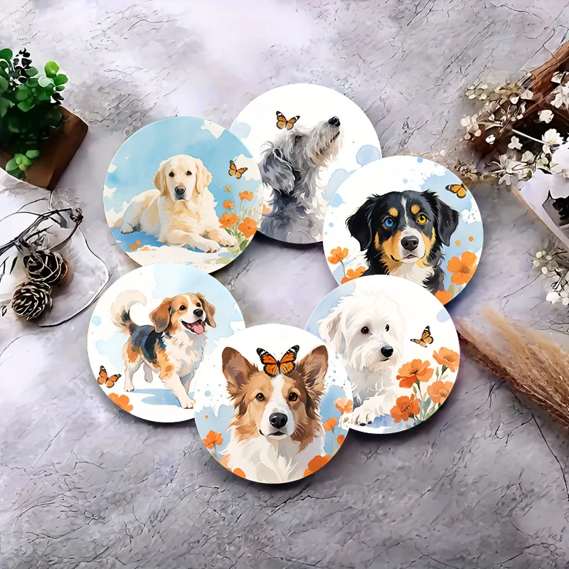 2D Elegant Cute Puppy Pattern Flat Round Wooden Coasters 6pcs Set Design Terrace Dining Table Dog House Dog Lovers Artwork Gift