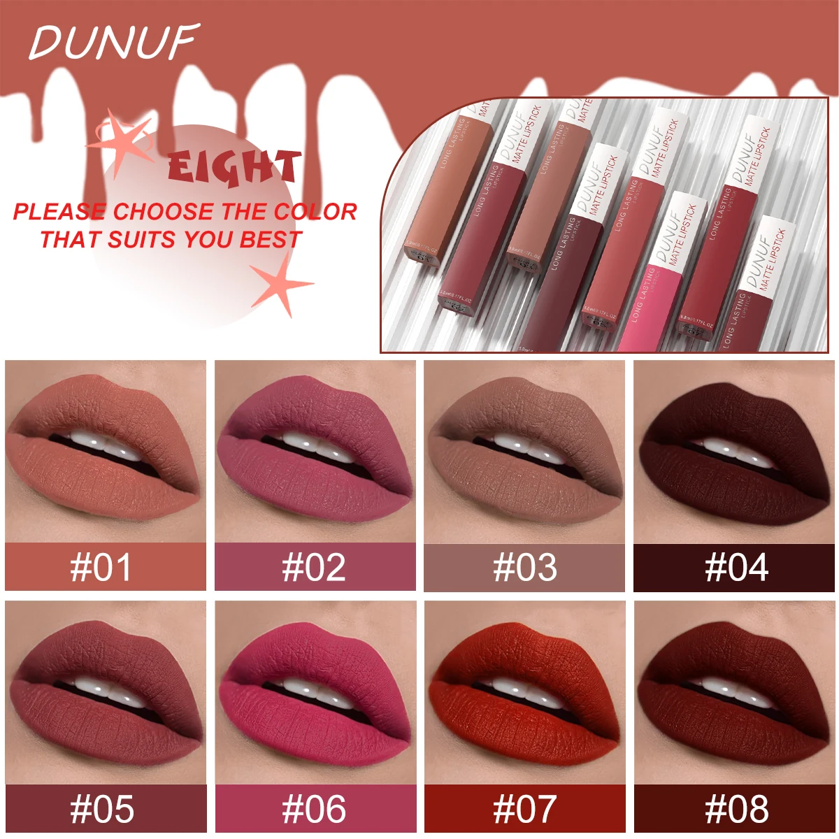 8 unids/set brillo de labios de terciopelo mate tonos desnudos de larga duración no se decolora impermeable a prueba de sudor ligero cómodo