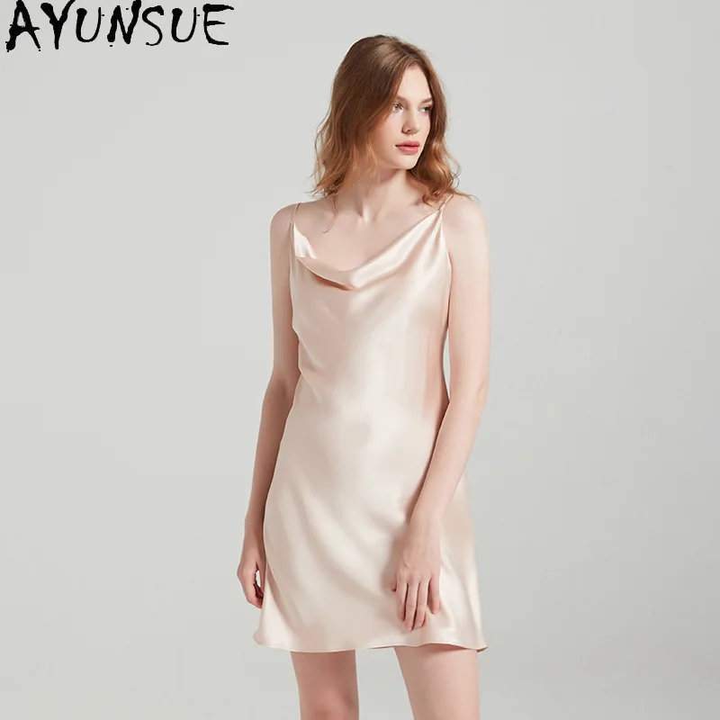 

AYUNSUE 19MM Natural Mulberry Silk Sexy Sleeepwear Night Dress Woman Elegant Dresses for Women Summer Home Clothes Vestido Mujer
