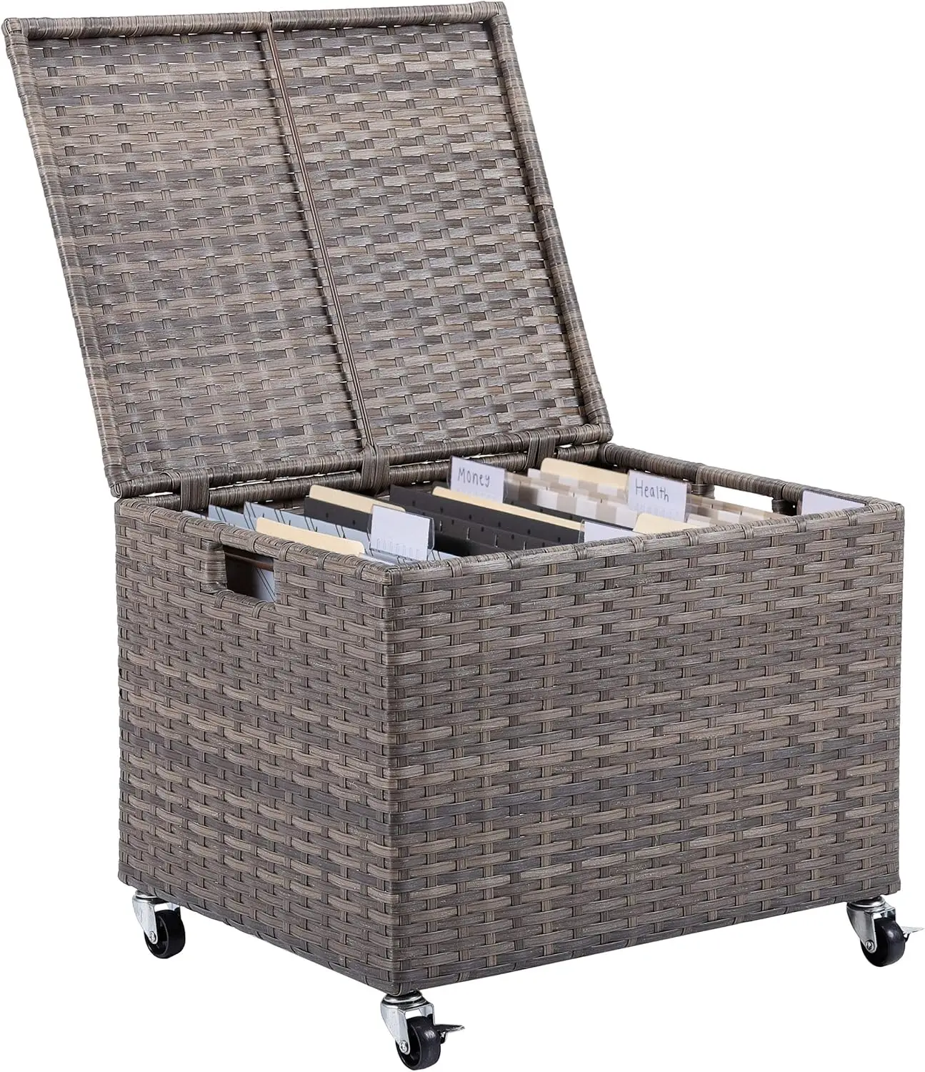 Rolling File Box - Storage Cabinet with Wheels - Weatherproof Rattan-Style Resin Deck Chest for Garden, Home and Office