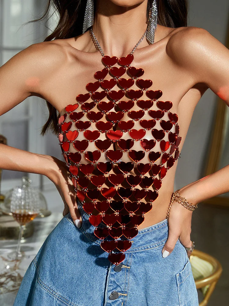 

Street Sle Sexy Bal Slim Fit Жилет Топ для женщин Лето Тонкий ор Длина Pure Color No Sve Love Heart Укороченный топ с блестками