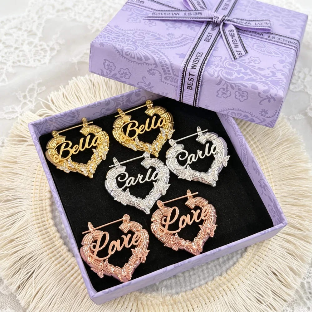 

DUOYING Sparkling Butterfly Bamboo Hoops Customized Name Stainless Steel Birthstone Nameplate Jewelry