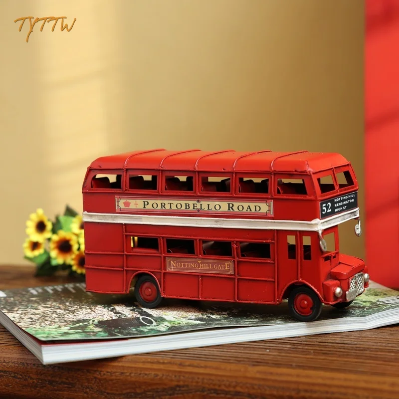 Retro Old Double-decker Bus Model Ornaments Creative Iron Crafts Home Decor Red Bus Cafe Restaurant Living Room Home Decoration