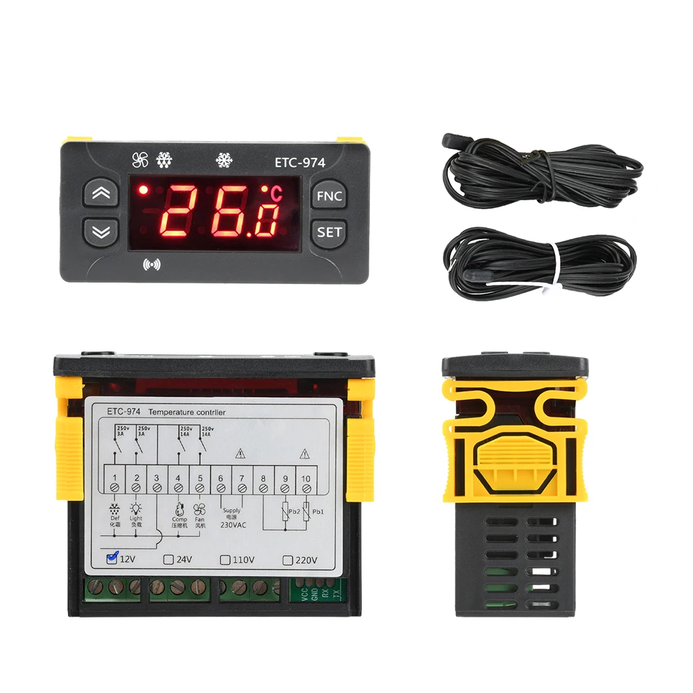Controlador de Temperatura ETC-974, Termorregulador de Descongelación y Calefacción para Refrigerador con Sensor NTC Dual, 12V/24V/110V/220V