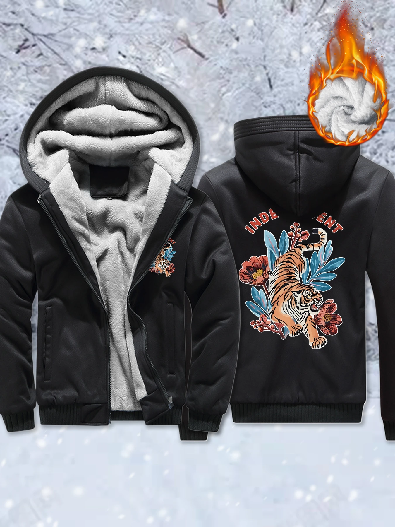 

Independent Flower Tiger Printing Men Jackets Zipper Casual Thicken Coats Fleece Oversized Hoodies Winter Vintage Sportswear