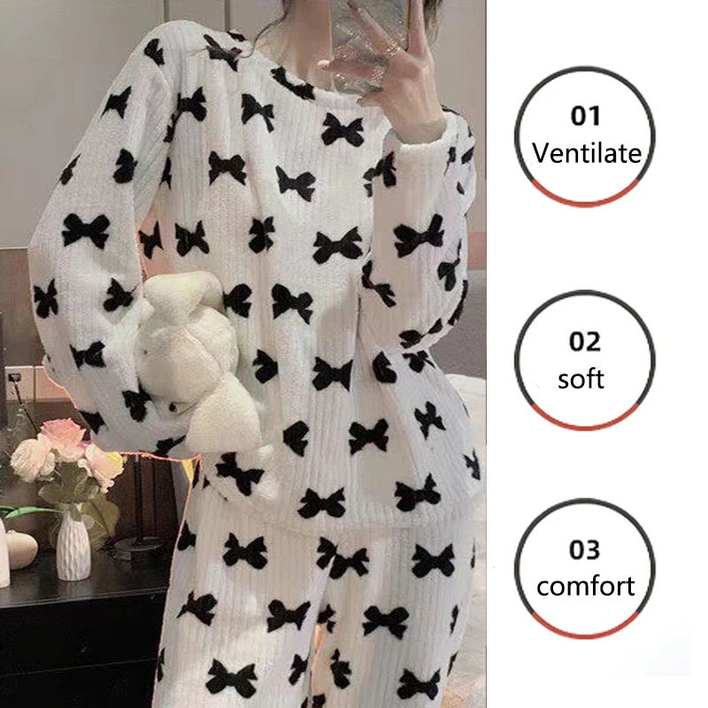 Thickened Warm Autumn Winter Coral Velvet Pajamas Female Long-Sleeved Homewear Easy to Clean Women School Sleepwear Two-Piece