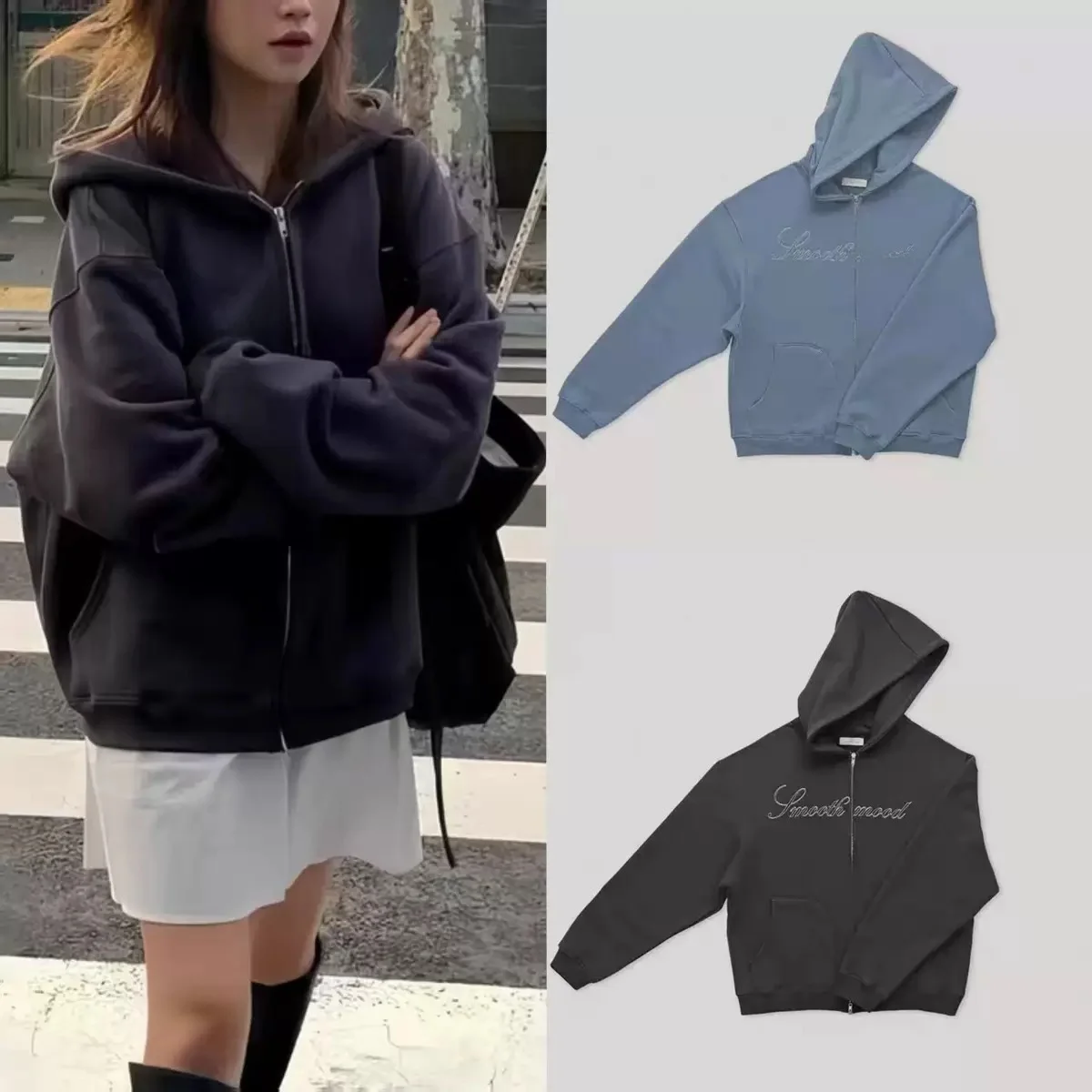 

Худи на молнии в стиле ретро-американский фэшн, свободного кроя, с вышитыми надписями, повседневное, удобное, из хлопка