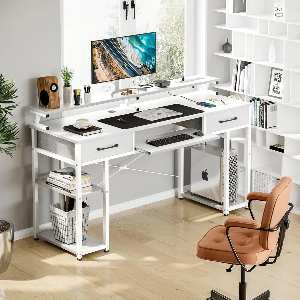 Computer Desk with Drawers & Power Outlet with Keyboard Tray & Storage Shelves & Monitor Stand, 55 Inch Office Desk