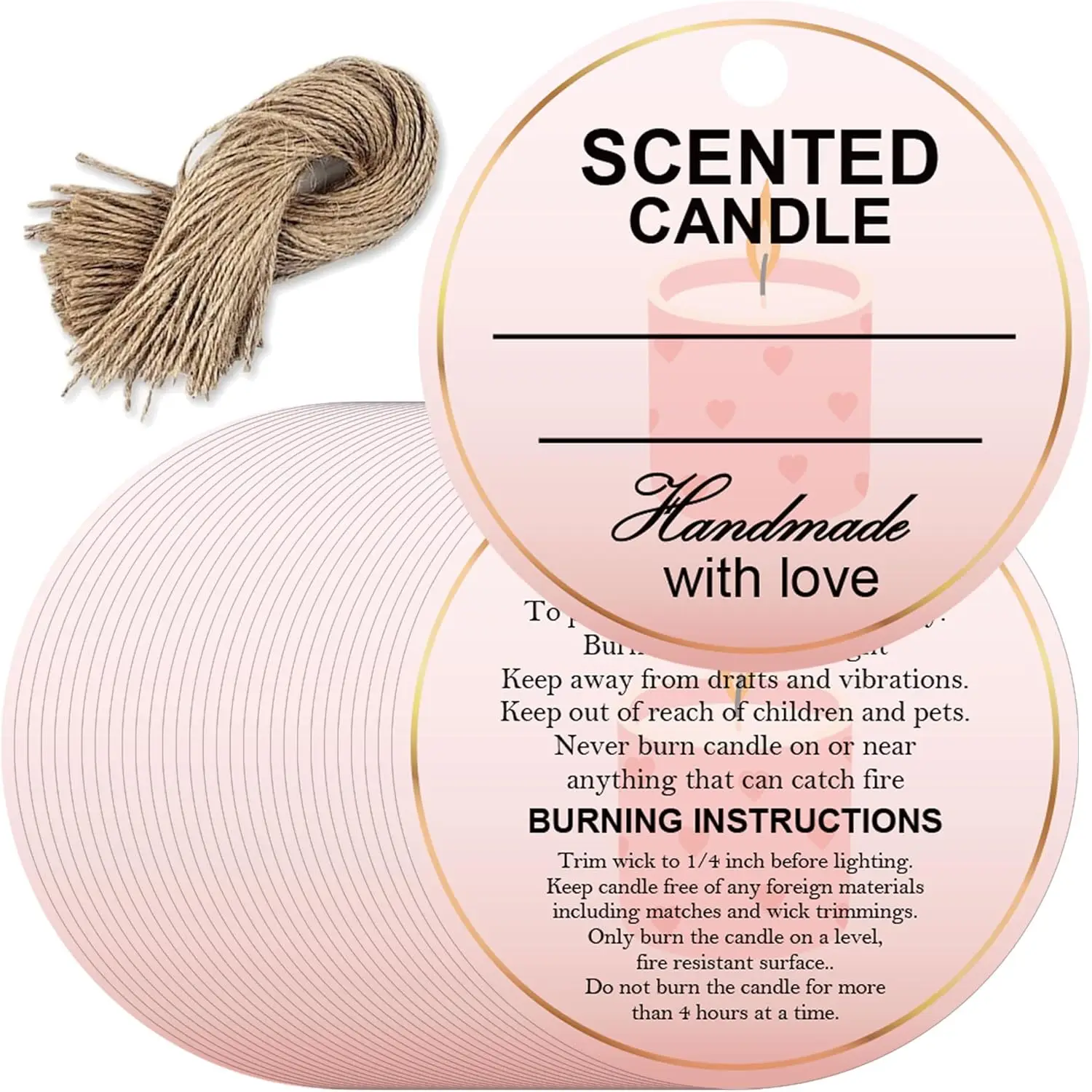 Candle Hang Tags Handmade with Love Scented Candle Labels - Pink Scented Candle Packaging Tag Warning Labels for Candle Making