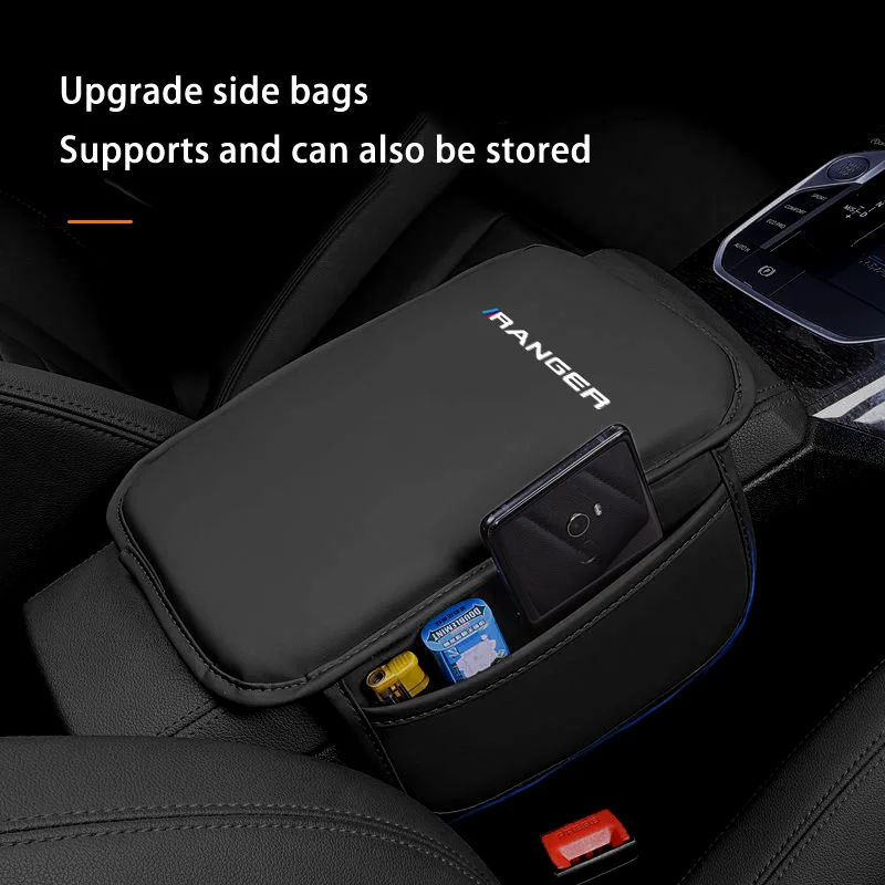 PU Leather Car Central Control Countertop Support Pad Armrest Box Protect Pad with Pockets for Ford Ranger T9 Rapotr Accessories
