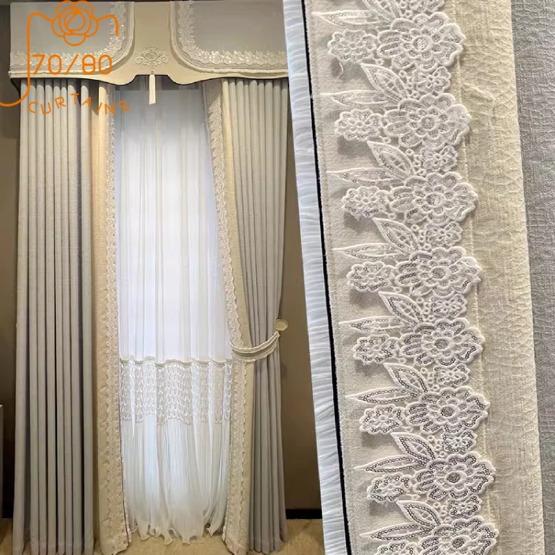 New Embroidered Window Screen Beige Blue Chenille Jacquard Thickened Splicing Curtains for Living Room Bedroom French Balcony