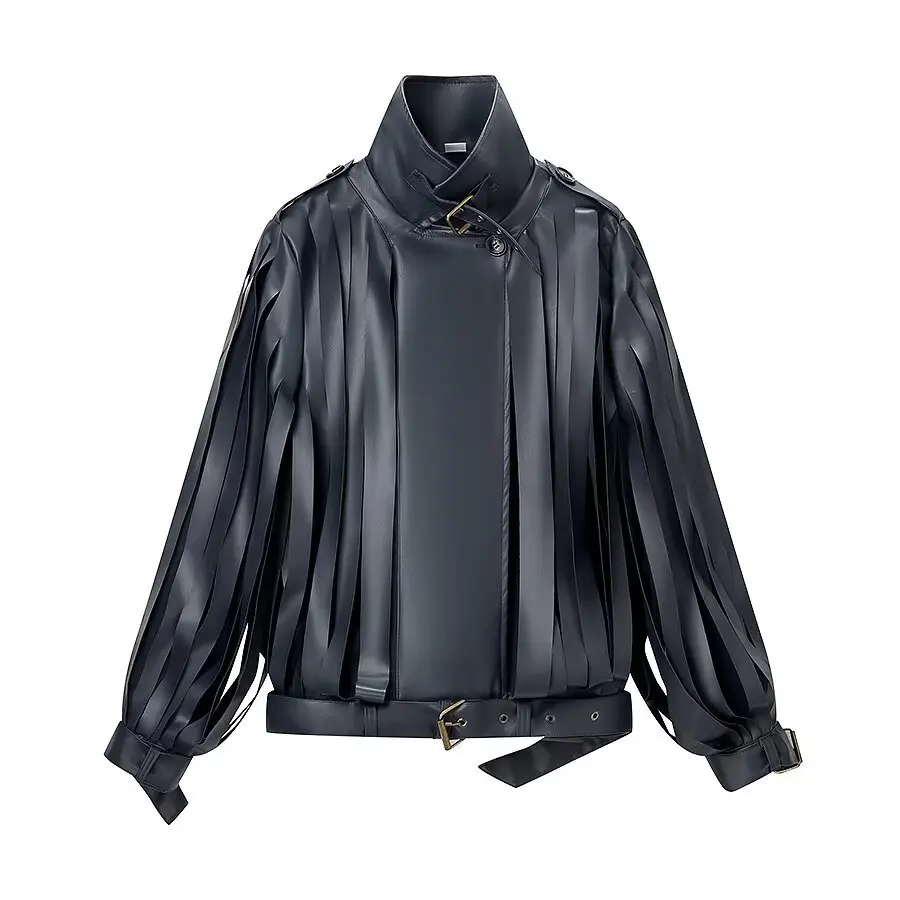 

KIDCRKJ Tassel Women Spring Jacket Black Stand Collar Zipper Fly Leather Outwear For Female Desinged Loose Lady Streetwear