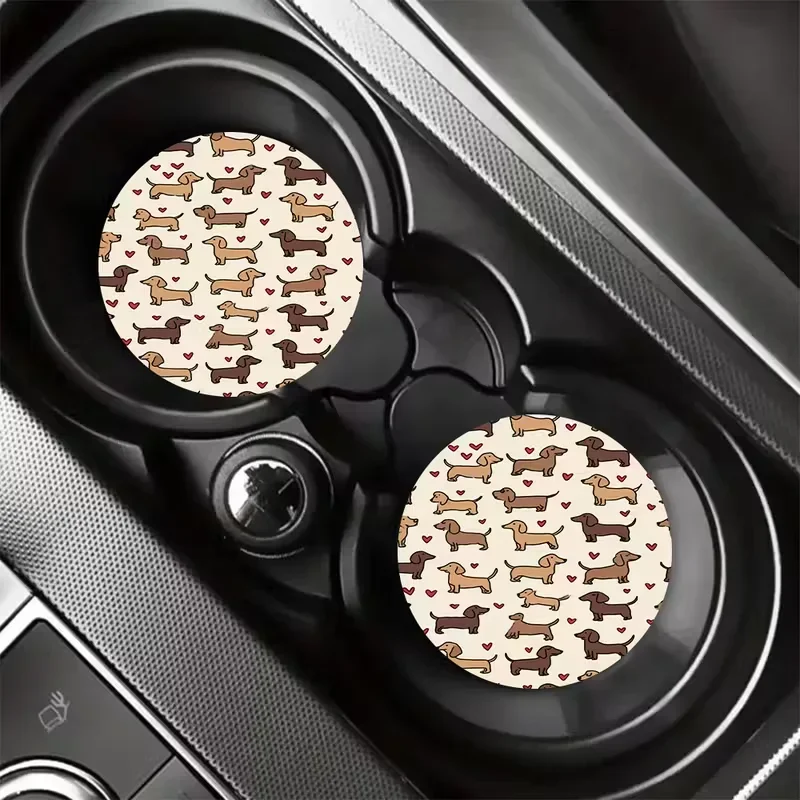 2-Pack Car Cup Coasters with Dachshund Dog Design, Non-Slip Waterproof Car Cup Holder Mats, Auto Interior Accessories