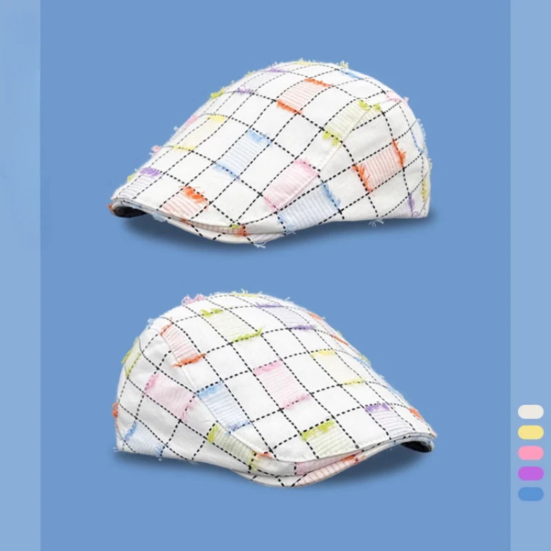 

Korean Colorful Plaid Beard Design Forward Hat Spring and Summer Retro Literary and Versatile Newsboy Cap for Men and Women
