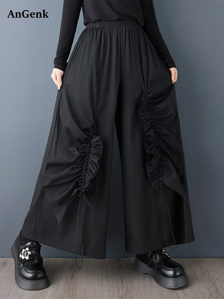 

Черные винтажные свободные широкие брюки с высокой талией, женские новые повседневные женские брюки на шнурке, модная уличная одежда, весна-осень 2025