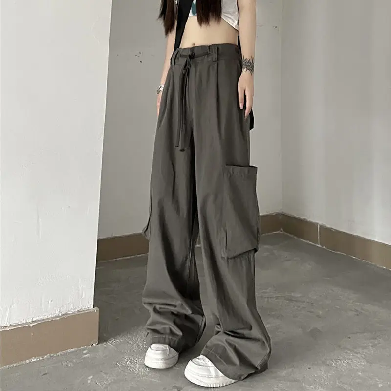 

Summer Women Grey Cargo Pants Wide Leg Hippie Streetwear Oversize Pockets Female Joggers Trousers Y2K Harajuku Vintage Clothing