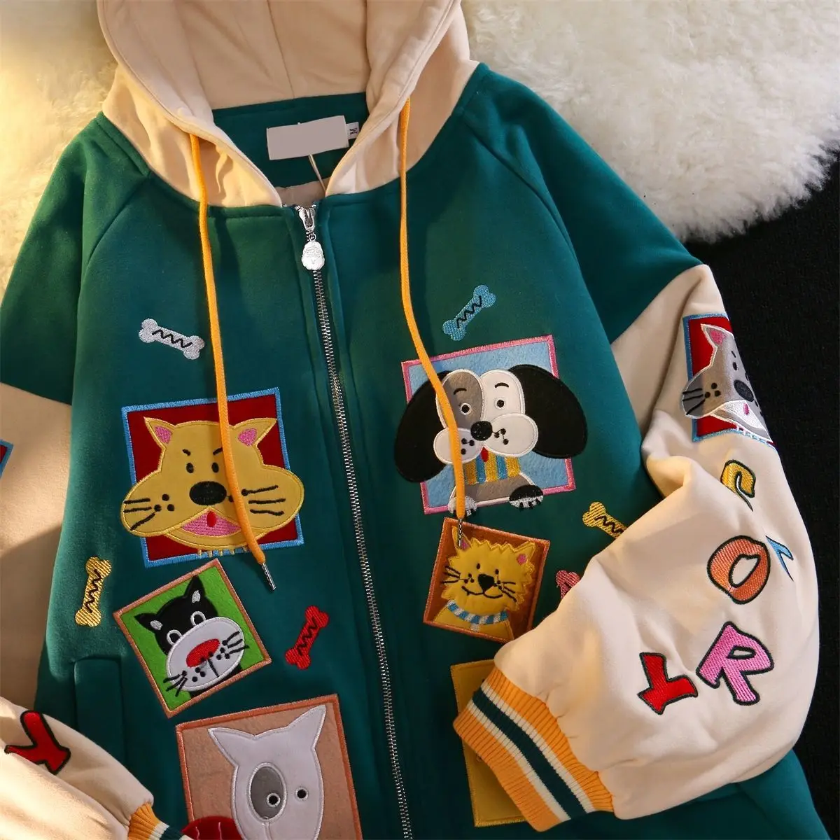 

2022 Color Block Vintage Cute Cartoon Print Zip Up Hoodies Women Kawaii Spring Clothes Sweatshirt Jackets Coats Oversized Teens