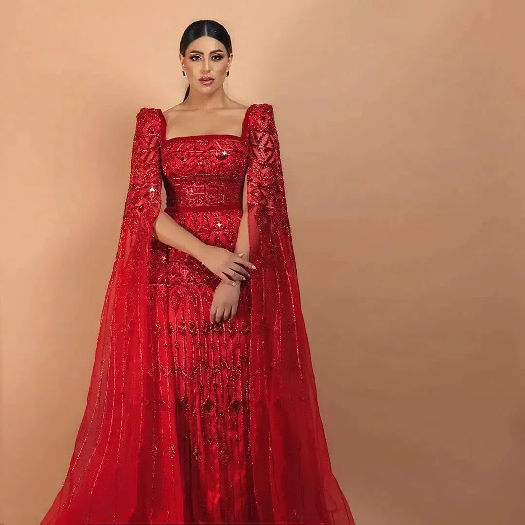 Customized Luxury Wine Red Arabic Burgundy Evening Dress With Cape Sleeves 2024 Elegant Dubai Women Wedding Party Exquisite High