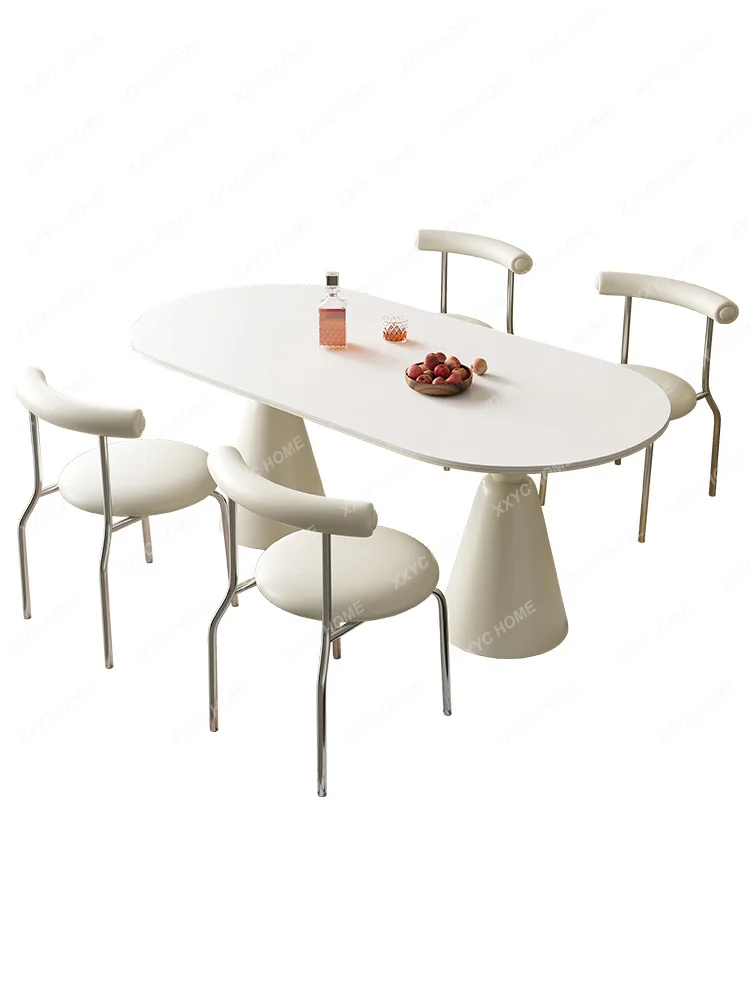 Stone Plate Dining Tables and Chairs Set Modern Minimalist Oval Cream Style Pure White Dining Table