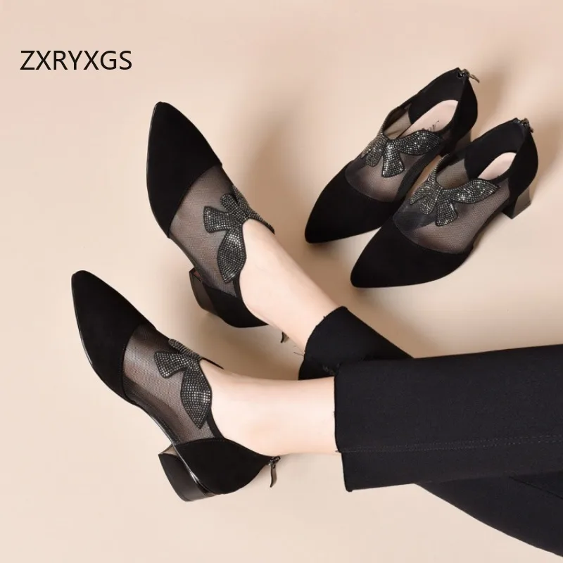 ZXRYXGS Frosted Sheepskin Mesh Sandals Rhinestone Shoes Fashion Sandals 2026 Pointed Tip Women Black Sandals Heel High 3 / 5 Cm