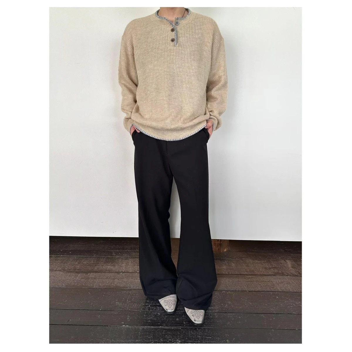 Maglione lavorato a maglia da uomo con bottoni Ne rotondi retrò Autunno Inverno oulder Drop Off-oulder Texture Casual Top Trendy Base irt