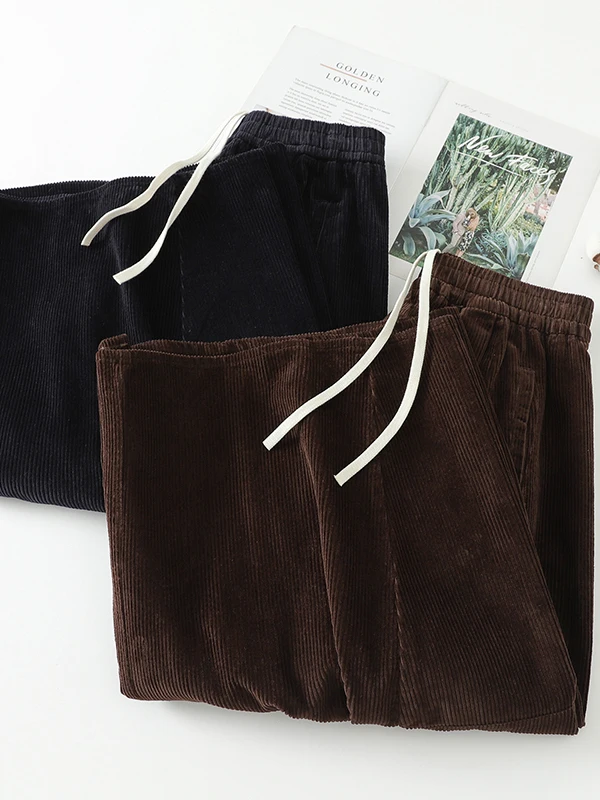 High Waist Wide Leg Corduroy Pants Drawstring  Color Autumn Leisure Slimming Women's plus Size Trousers Artistic Style
