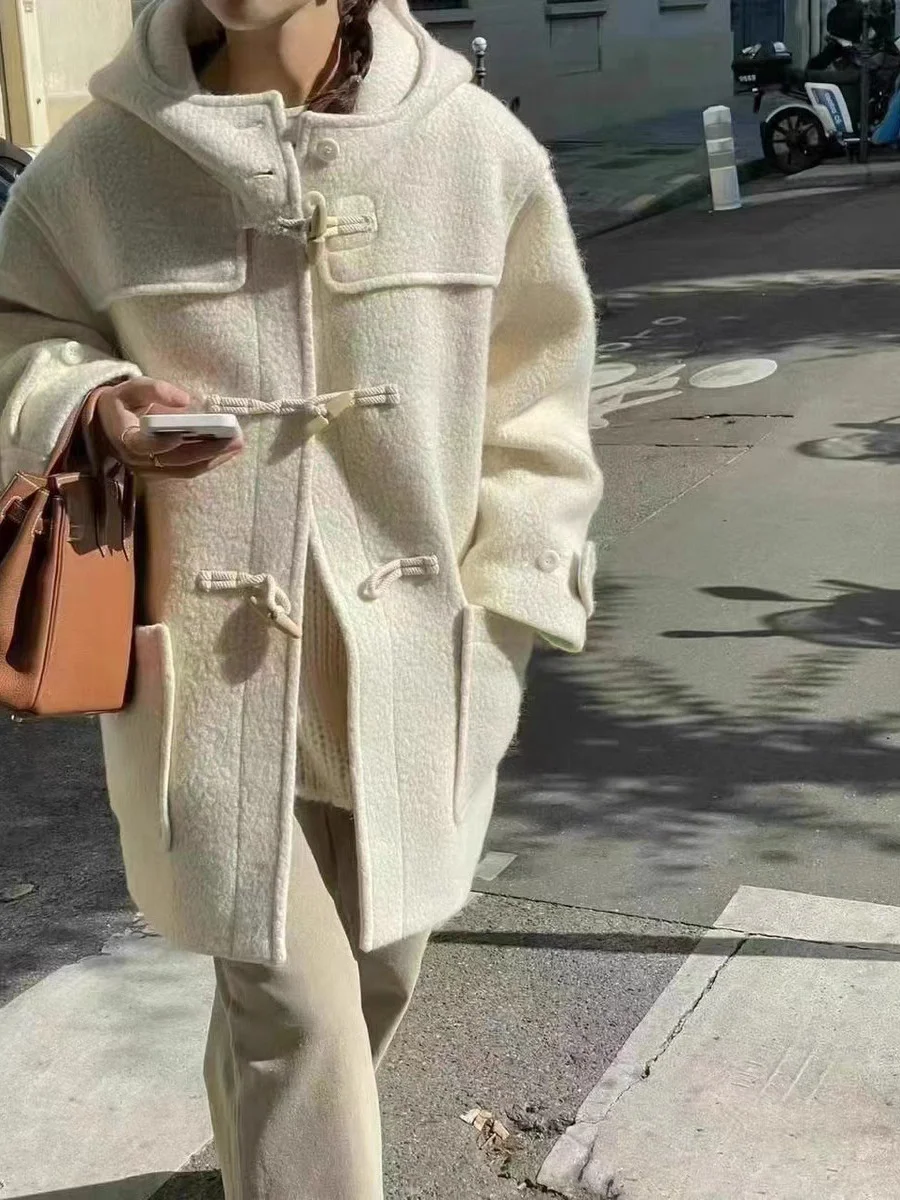 

Winter 2026 Women's Korean Style Woolen Coat with Hat And Horn Buttons Thickened Long Sleeve Mid-Length Pure Color