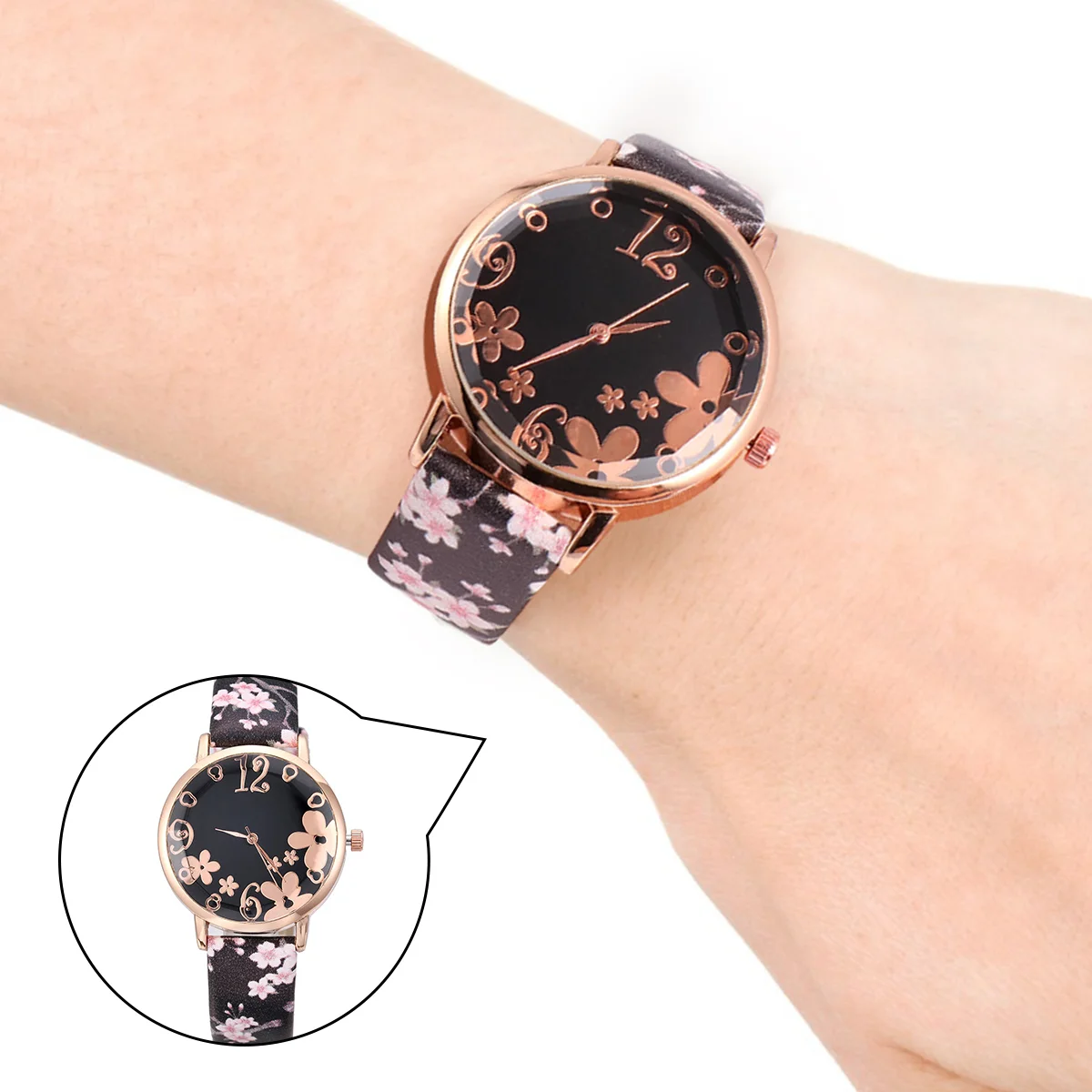 Flower Watch Plum Elegant Lady Quartz Wristwatch Fashion Stylish Stainless Steel Buckle for Girl PU Strap Attractive