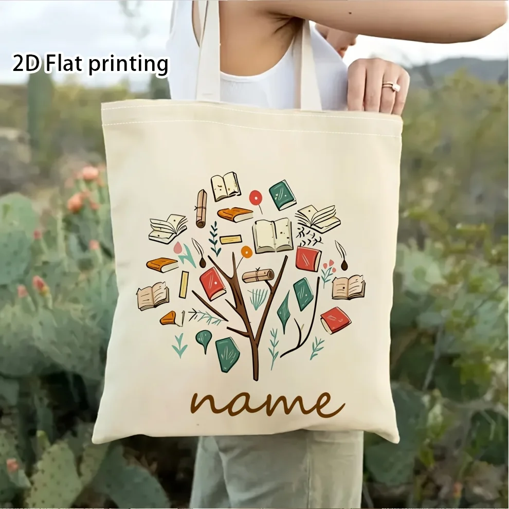 Personalized Book Theme Tote Bag for Women Customizable Name/Initials/Text Book Tree Pattern with Washable Bag for Travel view 6