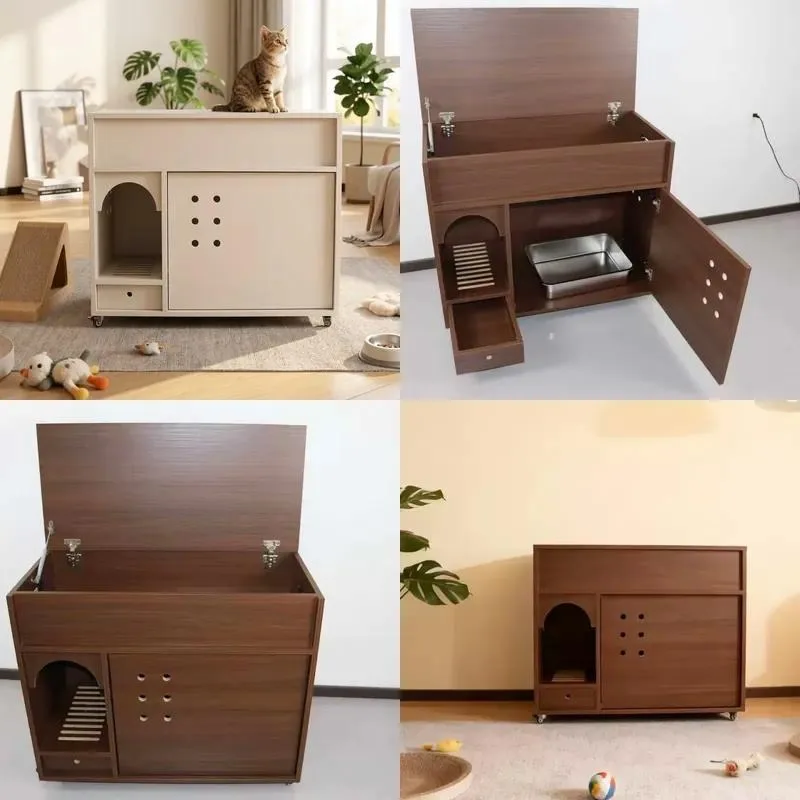 Retro Rattan Solid Wood Cat Bed Small Vertical Barrel Style Wooden Cat House for Living Room