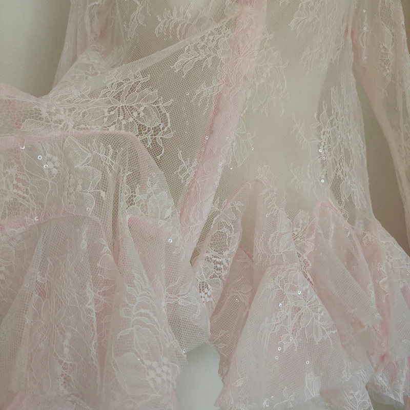 KBQ Solid Sheer Spliced ลูกไม้มินิเดรสเซ็กซี่สําหรับผู้หญิงแขนยาว Patchwork Ruffles พับชุดมินิหญิงแฟชั่น