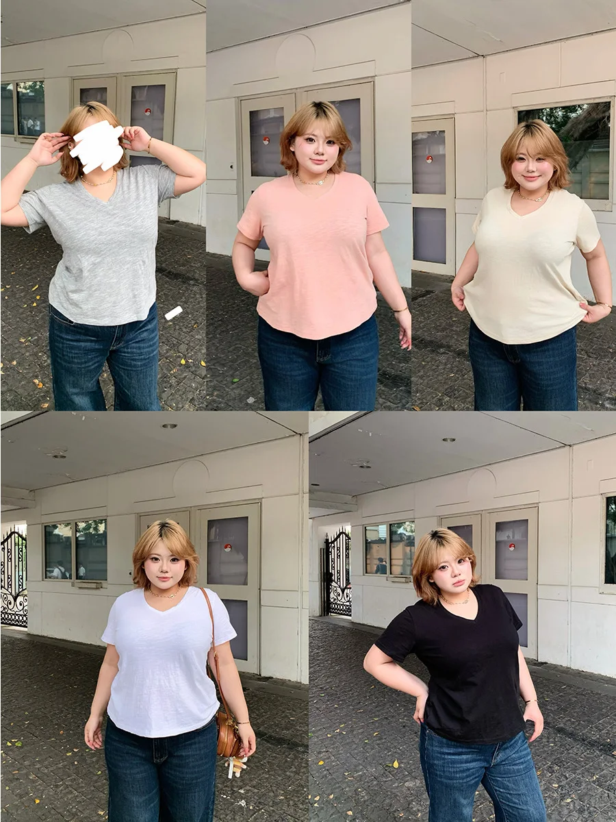 

Loose Fit V-Neck Short Sleeve T-Shirt Pure Cotton Bamboo Rayon Shoulder Width Regular Cotton Casual Basic Style Women's Top