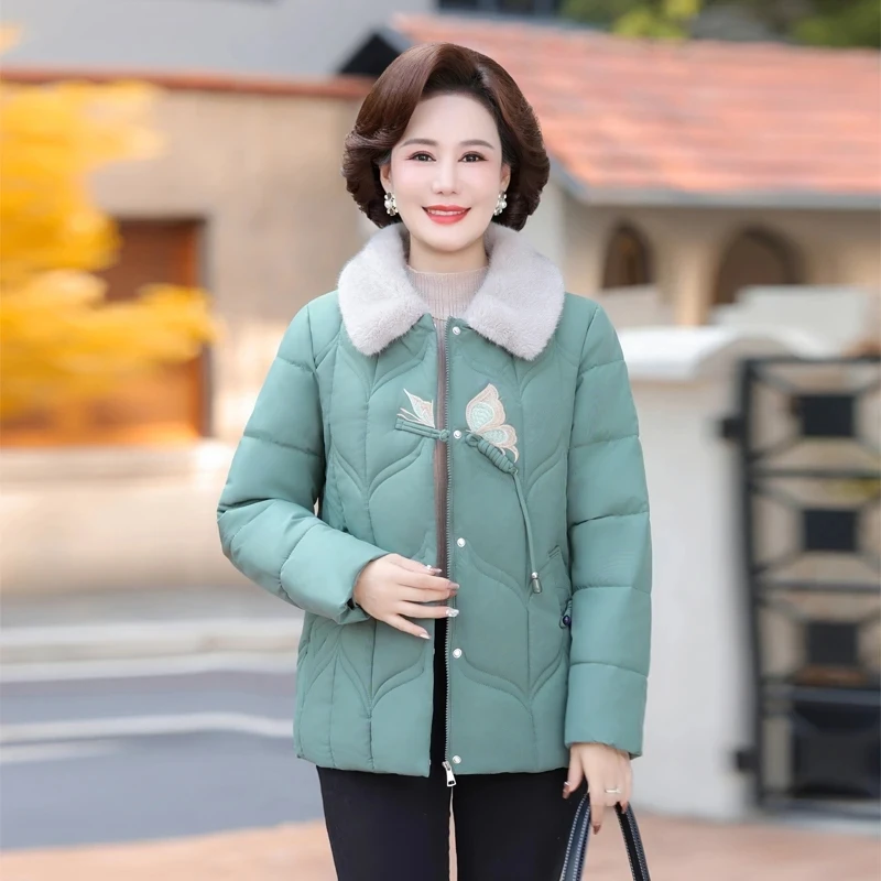 Women's Thick Warm Winter Cotton Padded Jackets Loose Parkas Fleece Turndown Collar Butterfly Print Covered Button Zipper Female