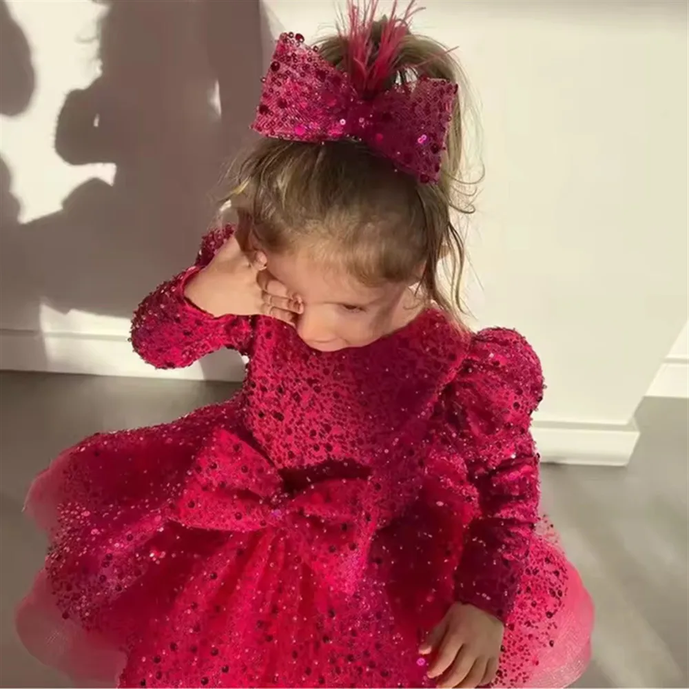 Robe de demoiselle d'honneur scintillante à paillettes, manches longues avec nœud, robe de princesse pour enfants, anniversaire, Noël, fête, concours de beauté