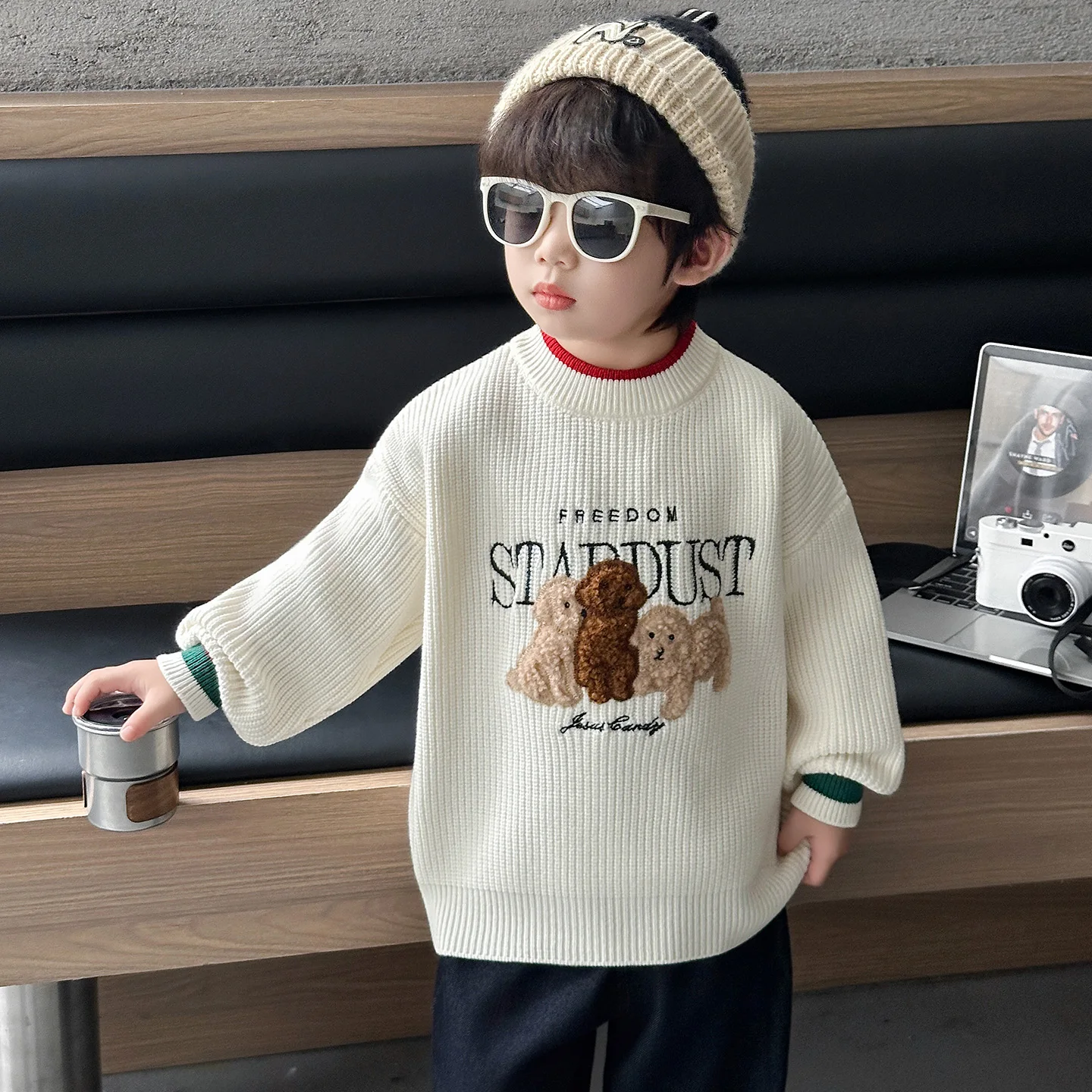 

Утепленный осенне-зимний вязаный свитер с мультяшным рисунком собаки для мальчиков, малышей и детей, с флисовой подкладкой, базовый слой, модная молодежная одежда